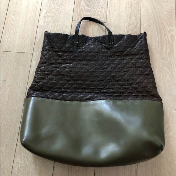Clare V. Los Angeles Quilted Leather Hand Bag in Brown & Olive Green - Picture 13 of 14